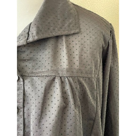 Vintage Black Sheer Embossed Polka Dot Pleated Half Button Down Tie Waist Dress - Picture 11 of 12